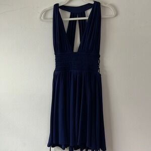 EXPRESS Navy‎ Blue Ruched Smocked Halter Neck Dress Mini Size XS